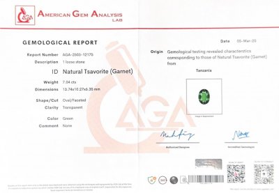 Certificate Vivid Green tsavorite garnet in oval cut 7.04 carats, Tanzania 