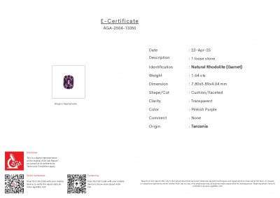 Certificate Rhodolite garnet cushion cut 1.64 carats, Tanzania