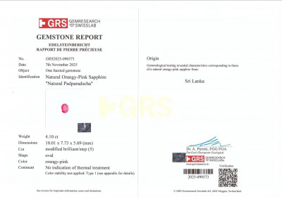 Certificate Rare unheated Padparadscha sapphire in oval cut 4.10 carats, Sri Lanka 