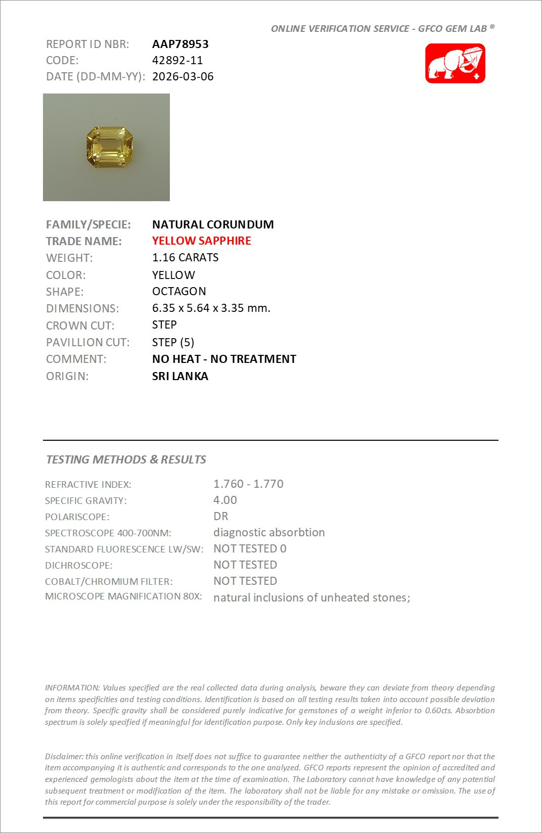 Unheated yellow sapphire octagon cut 1.16 carats, Sri Lanka Image №6