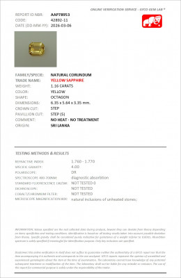 Certificate Unheated yellow sapphire octagon cut 1.16 carats, Sri Lanka