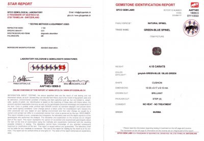 Certificate Cushion cut steel spinel 4.15 ct, Burma