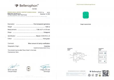 Certificate Muzo Green emerald 1.52 ct, Colombia