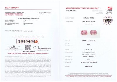 Certificate Pair of pink radiant cut spinels 4.03 carats, Pamir