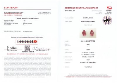 Certificate Pair of pink spinels 4.44 carats in pear cut from Tajikistan