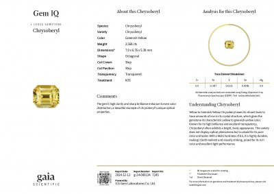 Certificate Vivid yellow chrysoberyl in octagon cut 2.56 carats, Sri Lanka
