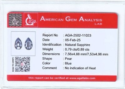 Certificate Pair of unheated blue sapphires pear cut 1.68 carats, Madagascar