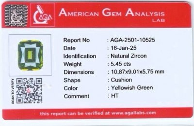 Certificate Green zircon in сushion cut 5.45 carats, Sri Lanka