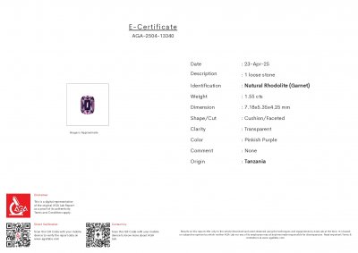 Certificate Rhodolite garnet cushion cut 1.55 carats, Tanzania