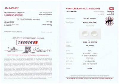 Certificate Pair of moonstones in cabochon cut 16.89 carats, Burma