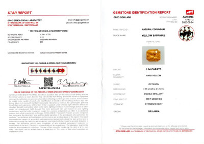 Certificate Sapphire Vivid Yellow radiant cut 1.64 carats, Sri Lanka