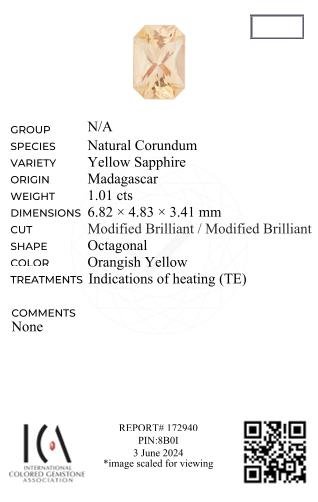 Yellow sapphire (Intense Yellow) radiant cut 1.01 carats, Madagascar Image №2