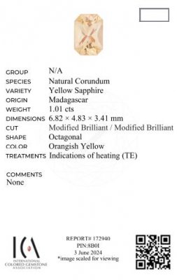 Certificate Yellow sapphire (Intense Yellow) radiant cut 1.01 carats, Madagascar