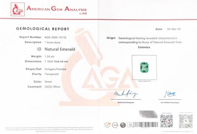 Certificate Emerald in octagon cut 1.26 carats, Colombia