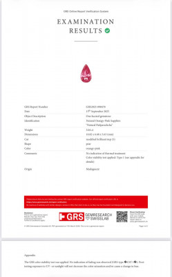 Certificate Unheated sapphire Padparadscha pear cut 3.04 carats, Madagascar