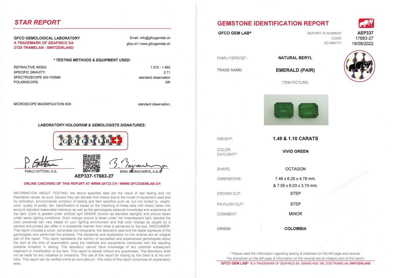 Pair of Vivid Octagon Cut Emeralds 2.59ct, Colombia Image №4
