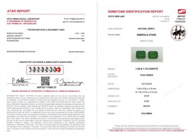 Certificate Pair of Vivid Octagon Cut Emeralds 2.59ct, Colombia