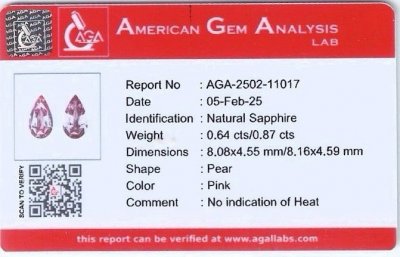 Certificate Pair of unheated pink sapphires pear cut 1.51 carats, Madagascar