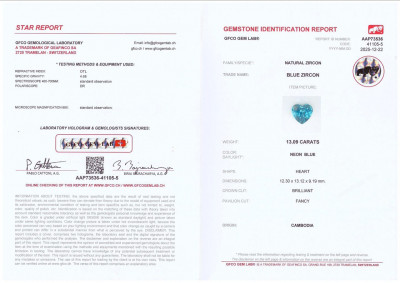 Certificate Zircon neon blue heart shape 13.09 carats, Cambodia
