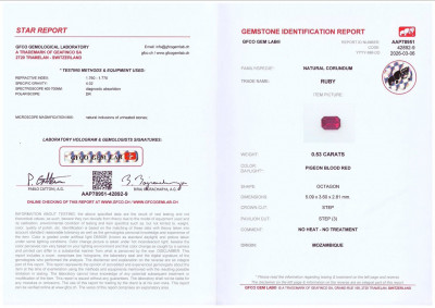 Certificate Unheated ruby Pigeon blood Red octagon cut 0.53 carats, Mozambique