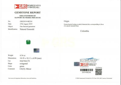 Certificate Natural rich Colombian emerald 4.34 ct, GRS
