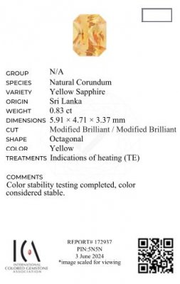 Certificate Vivid yellow sapphire 0.83 ct radiant cut, Sri Lanka