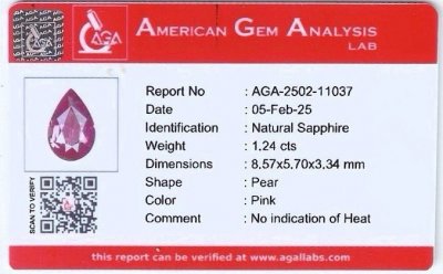 Certificate Unheated purple sapphire pear cut 1.24 carats, Madagascar