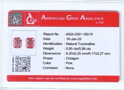 Certificate Pair of Baby pink rubellites in octagon cut  1.91 carats, Africa