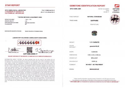 Certificate Unheated Teal color sapphire 1.11 ct, Madagascar,