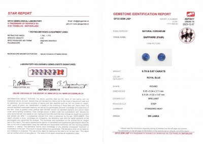 Certificate Pair of Royal Blue sapphires in round cut 1.37 ct, Sri Lanka