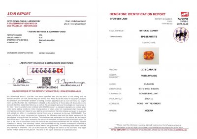 Certificate Spessartine garnet 2.72 carats cushion cut, Africa