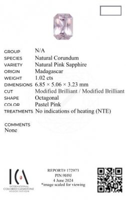 Certificate Untreated Baby pink sapphire in radiant cut 1.02 carats, Madagascar