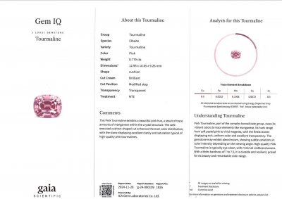 Certificate Baby Pink cushion cut tourmaline 8.80 carats, Afghanistan 