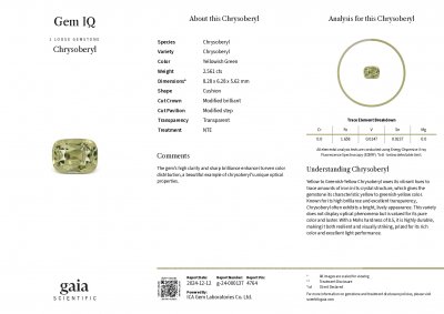 Certificate Yellow chrysoberyl cushion cut 2.56 carats, Sri Lanka 