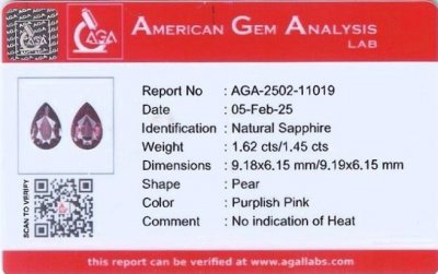 Certificate Pair of unheated purple sapphires pear cut 3.07 carats, Madagascar