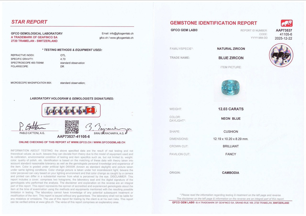 Blue zircon in cushion cut 12.03 carats, Cambodia Image №6