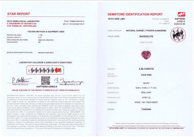 Certificate Garnet rhodolite Vivid Pink heart shape 5.56 carats, Tanzania