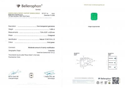 Certificate Emerald 1.40 ct, Colombia, Muzo Green