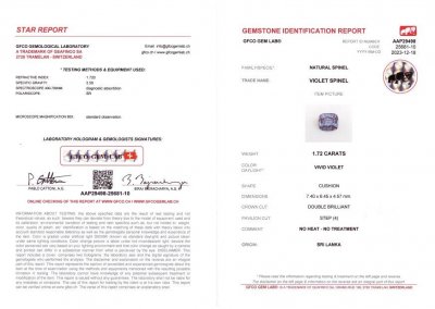 Certificate Purple spinel in cushion cut 1.72 ct, Sri Lanka