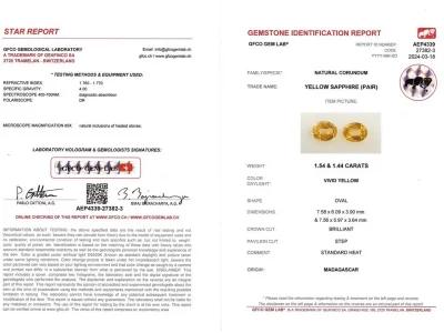 Certificate Pair of Vivid Yellow oval cut sapphires 2.98 carats, Madagascar
