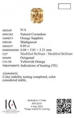 Certificate Orange radiant cut sapphire 0.89 carats, Madagascar