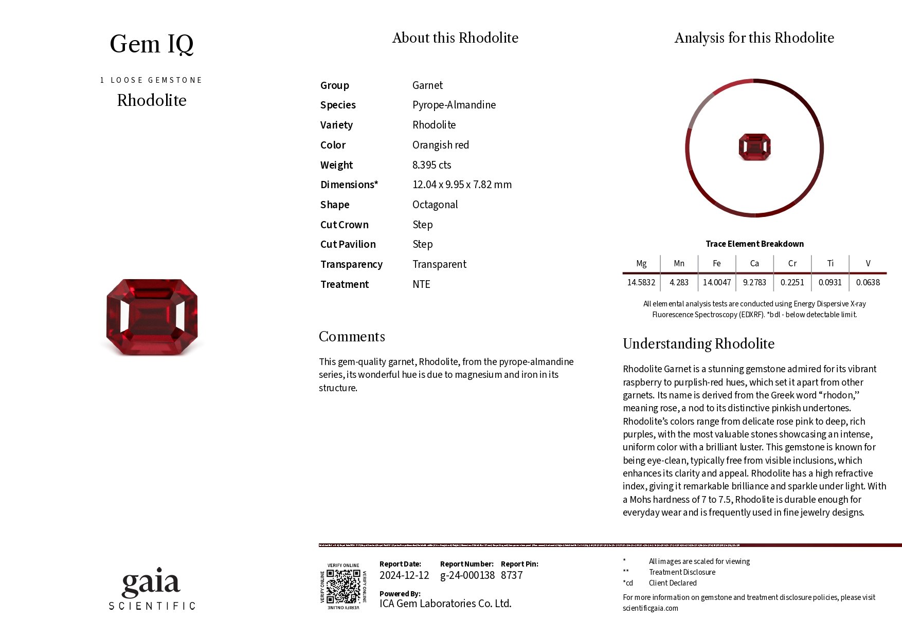 Red rhodolite garnet in octagon cut 8.39 carats, Tanzania  Image №6