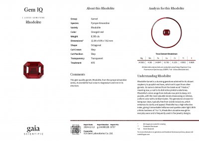Certificate Red rhodolite garnet in octagon cut 8.39 carats, Tanzania 