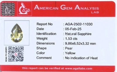 Certificate Unheated green sapphire pear cut 1.53 carats, Madagascar
