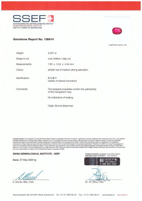 Certificate Unheated rose red ruby oval cut 2.007 carats, Burma 