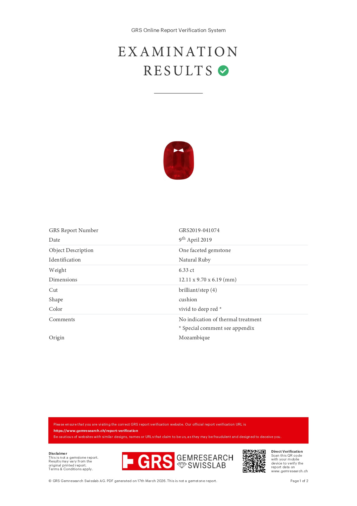 Unheated ruby Pigeon blood cushion cut  6.33 carats, Mozambique Image №6