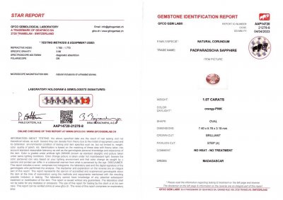 Certificate Padparadscha Sapphire oval cut 1.07 ct, Madagascar