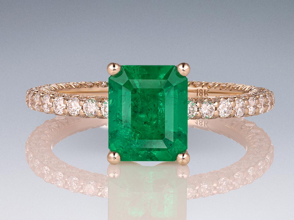 Ring with emerald color Vivid Muzo 1.62 carats in 18k yellow gold Image №1