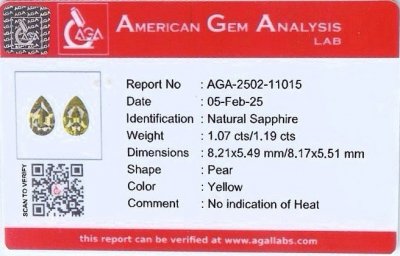 Certificate Pair of unheated yellow sapphires pear cut 2.26 carats, Madagascar