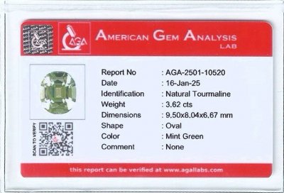 Certificate Mint tourmaline in oval cut 3.62 carats, Africa